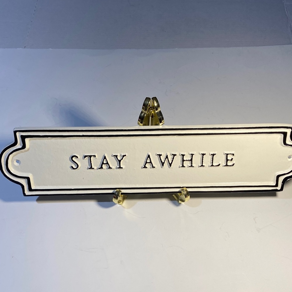 White Cast Metal Decorative Wall Sign - “Stay Awhile”
